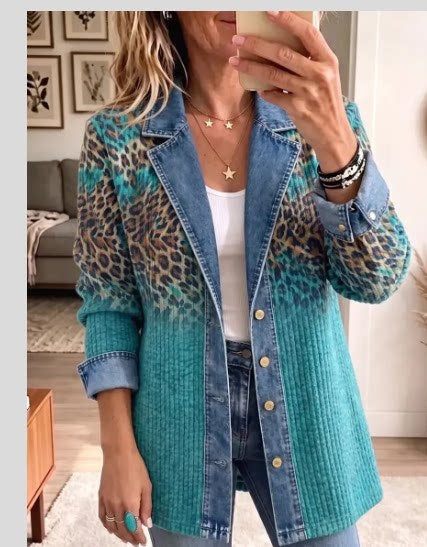 Leopard print denim jacket women's long-sleeved casual cardigan autumn loose jacket FF303339