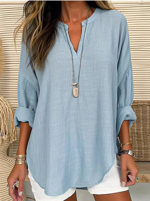 Small V-neck button-down shoulder long-sleeved women's T curved hem clothes m301361