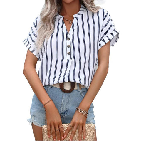 Women's casual style striped breasted V-neck loose short-sleeved shirt women's shirt m302408