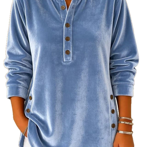Women's Velvet Casual Loose V-Neck Button Long Sleeve Women's Shirt FF303380