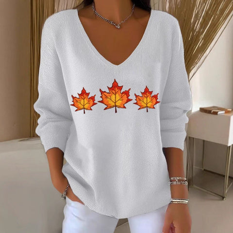Shoulder V-neck long-sleeved autumn leaf 3D digital printing women's top FF303401