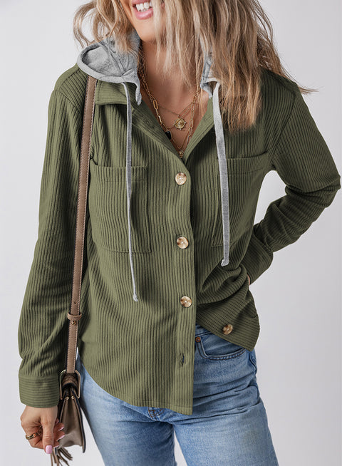 Lapel buckle cardigan purse hooded pull rope striped jacket women m301008
