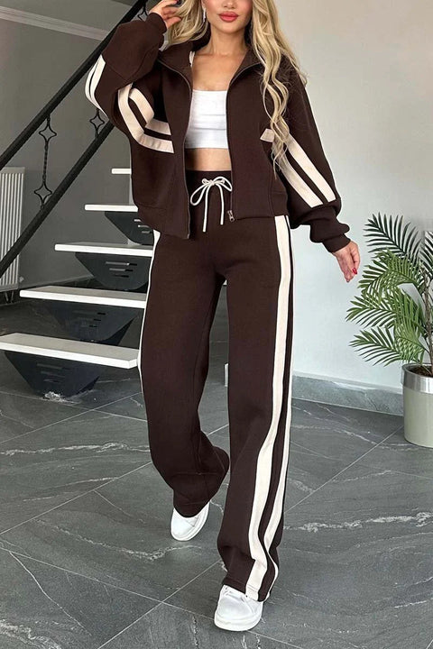 Striped zipper top jacket casual sports suit women's m302320