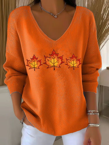 Shoulder V-neck long-sleeved autumn leaf 3D digital printing women's top FF303401