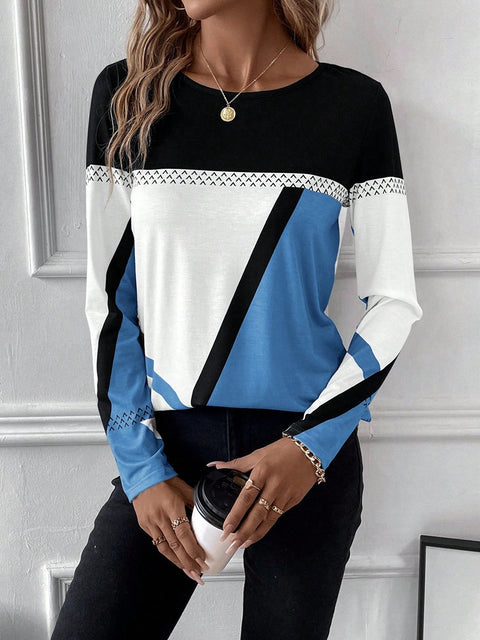 Pullover Rundhalsausschnitt Kontrastfarbe Spleißen Geometrisch bedrucktes Oberteil Damen T-Shirt m300874 