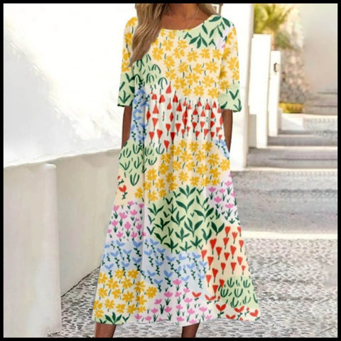 Damen Casual Rundhals Pullover Kurzarm 3D Druck Plissee Taille Swing Langes Kleid m301299 