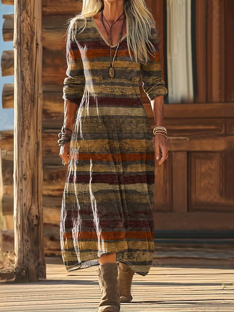 Creative tie-dye 3D printing women's new V-neck long-sleeved dress medium and long dress m302799