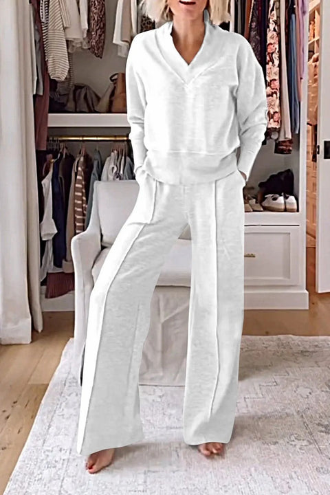 Ensemble deux pièces haut ample à manches longues et col en V et pantalon large m301327 