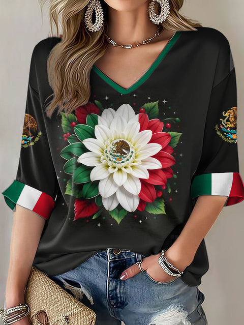 Down shoulder V-neck seven-quarter sleeve 3D printed women's top T-shirt m302844