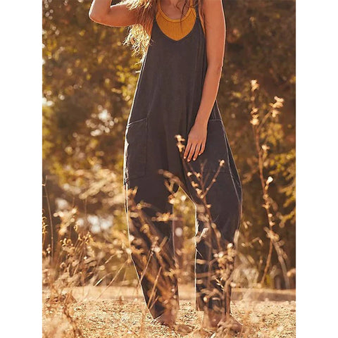 Einfarbiger Jumpsuit mit Reißverschlusstasche und Hosenträgern, dicke Hüfthose, m301068 