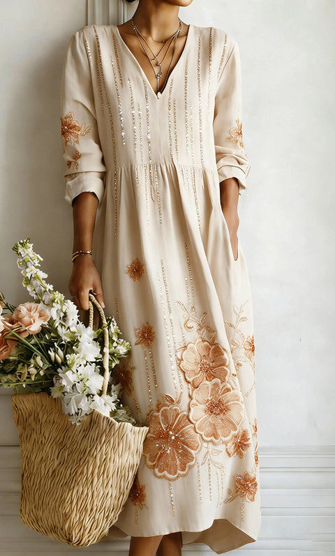 Women's loose V-neck fashion high-end long-sleeved printed collar dress m302766