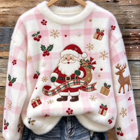Christmas cartoon old man reindeer print flannel women sweater FF303511