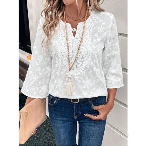 Vêtements décontractés amples en dentelle brodée à col en V pour femmes m301476 