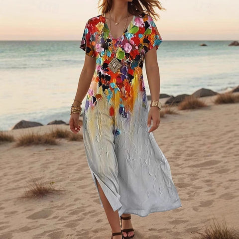 Kreative floral frauen sommer neue V-ausschnitt kurzarm kleid m301230 