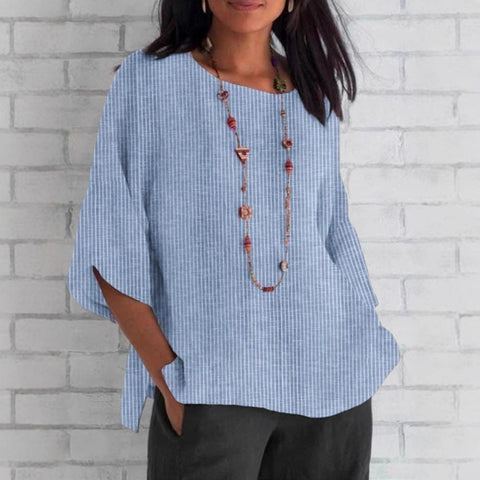 Einfarbiges, lockeres T-Shirt aus Baumwolle und Leinen mit Rundhalsausschnitt für Frühling und Sommer m301440 