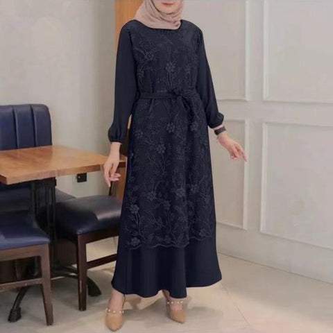Robe longue ample à col ras du cou et manches longues en dentelle pour femme musulmane, m301325 