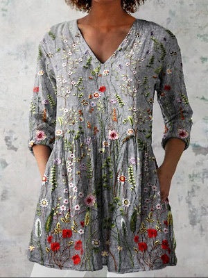 V-neck medium-sleeved T-shirt loose and casual new fashion women's top FF303377