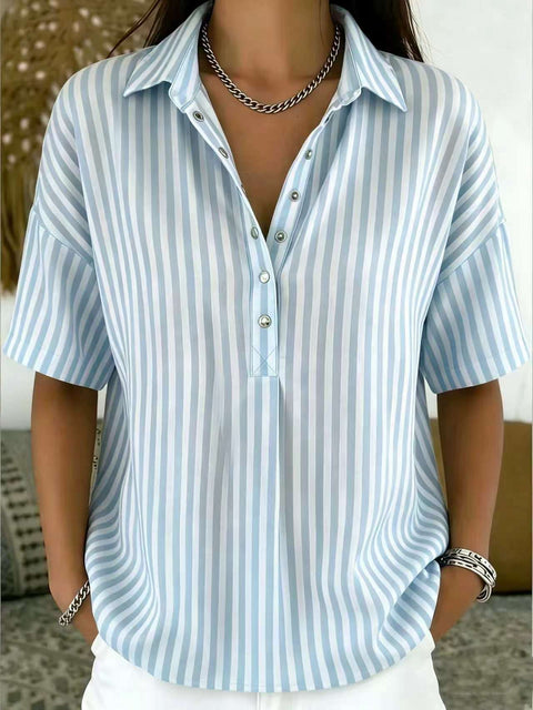 Women's fashion casual striped short-sleeved shirt lapel m302741