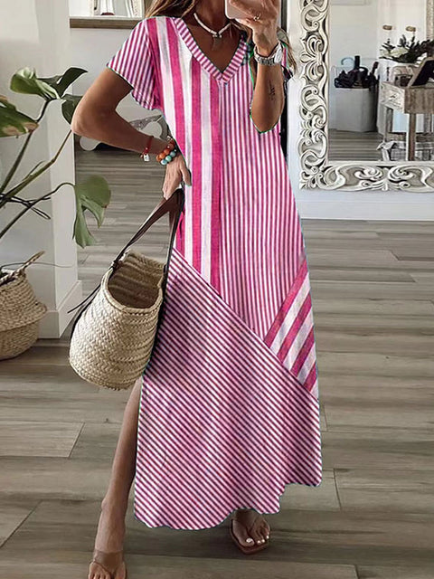 Robe fendue à col en V et imprimé à rayures positionnées m301462 