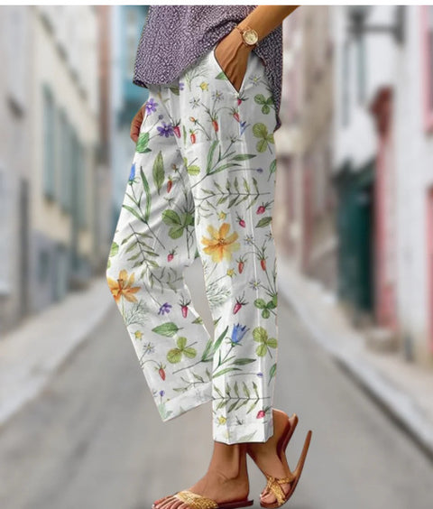 Linglong hemp digital printing simple crimped casual pants m303184