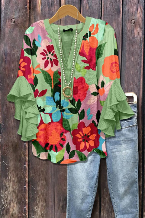 Creative floral element printing digital printing casual trend V-neck lotus edge T-shirt m301358