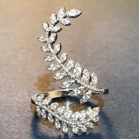 Women's Zircon Ring Silver Plated Creative Plant Leaves m3331041