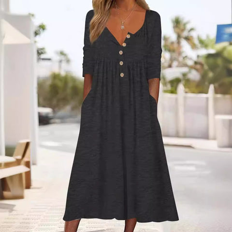Casual button solid color simple long sleeve long dress m302272