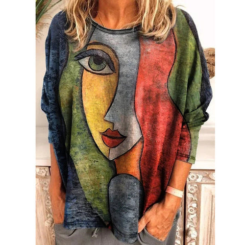 T-shirt ample à manches longues pour femme, imprimé visage, grande taille, m300665 