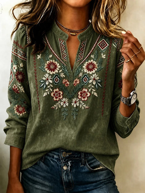 Women's unique floral print long-sleeved hollow shirt FF303347