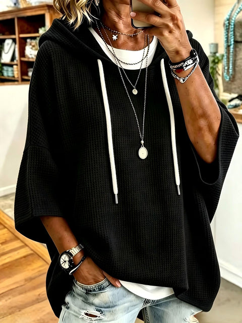 Knitted hooded drawstring sweater waffle with loose m303063