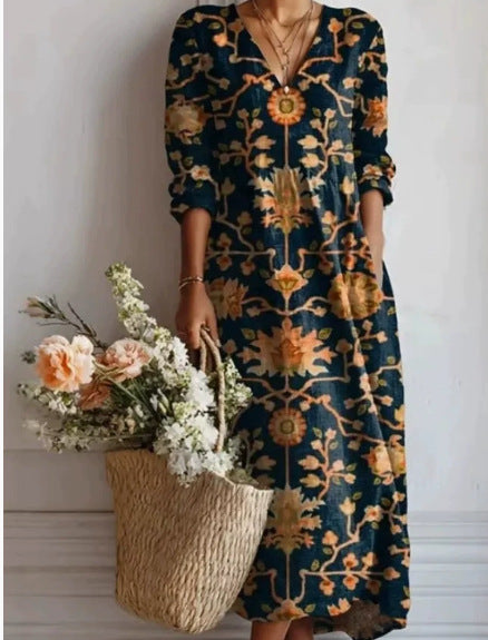 Women's loose V-neck fashion high-end long-sleeved printed collar dress m302766