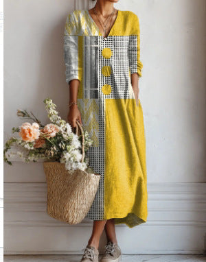 Women's loose V-neck fashion high-end long-sleeved printed collar dress m302766