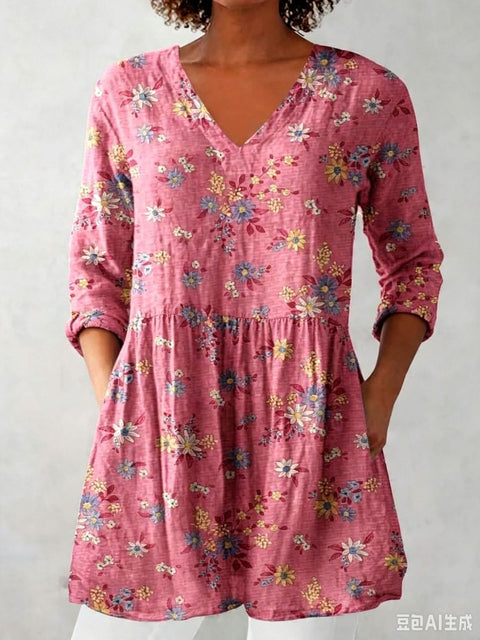 V-neck medium-sleeved T-shirt loose and casual new fashion women's top FF303377