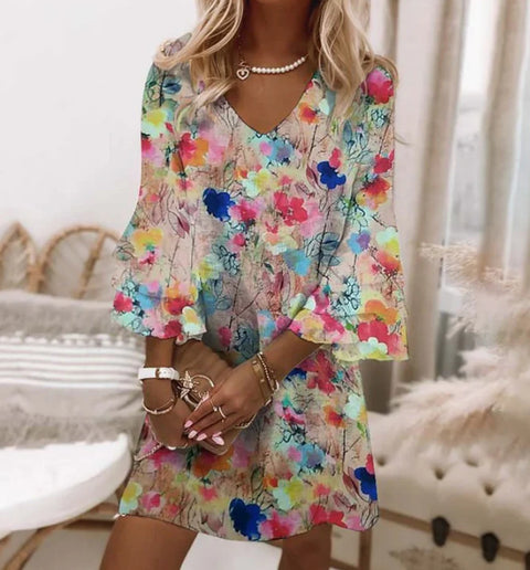 Fresh printed V-neck 3/4-sleeve mini women's dress m302854