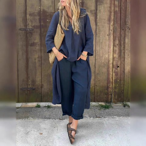 Women's summer pocket V-neck 2-piece set solid color loose women's clothing m302332