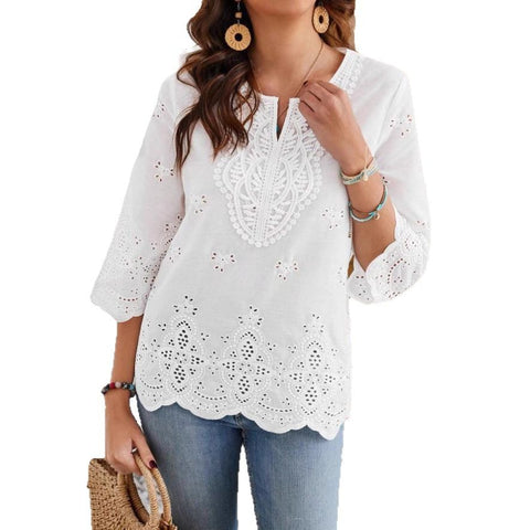 Chemise élégante et sexy à col en V et bordure en dentelle, nouvelle collection printemps et été à manches sept-quarts m301472 