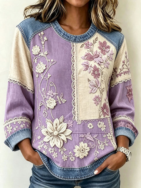 Floral Element Crew Neck Shoulder Splicing Denim Sweater FF303272
