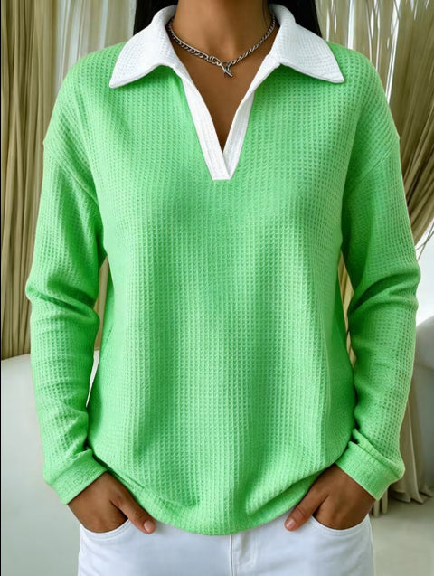 Waffle Contrast Long Sleeve Polo Top Women's m303233