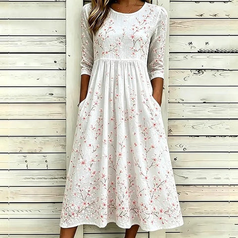 Floral element seven-quarter sleeve long dress casual loose pocket dress m302767