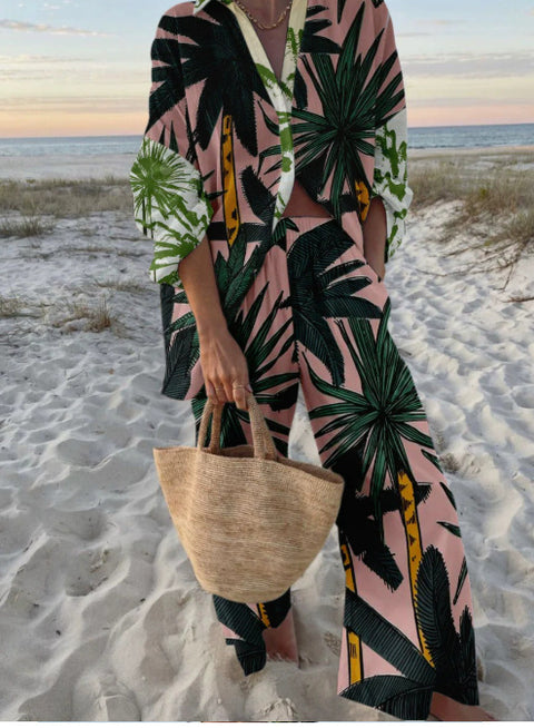 Linglong hemp fish shading casual suit loose sports wide-leg pants marine element casual shirt m303169