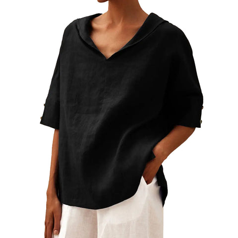 Einfarbiges, lockeres T-Shirt aus Baumwolle und Leinen für Damen mit Kapuze m301294 