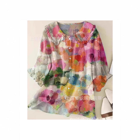 Linglong hemp 3D digital printing abstract, women's long-sleeved buckle lapel shirt m303181