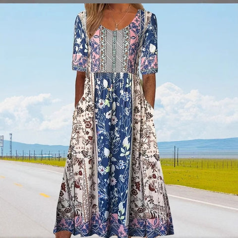 Up and down splicing pocket size printing large wide dress m302623-2