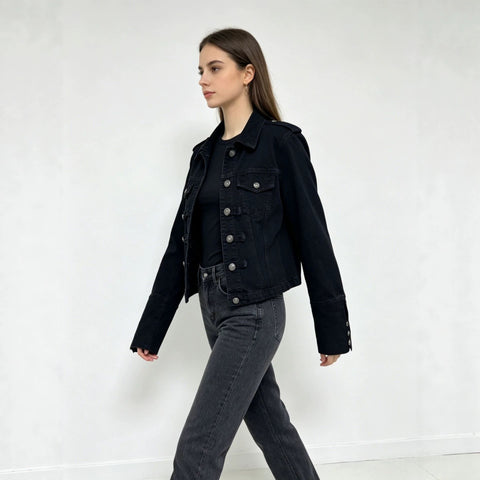 Stand-up collar black washed denim short jacket metal buckle shoulder badge slim fit fashion short women's jacket FF303317