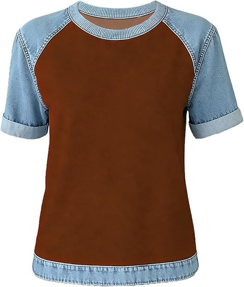 Printed denim splicing round neck short sleeve loose casual m302385