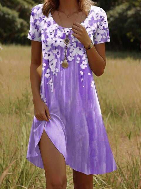 Versatile polka dot flower short-sleeved round neck medium and long skirt m302614