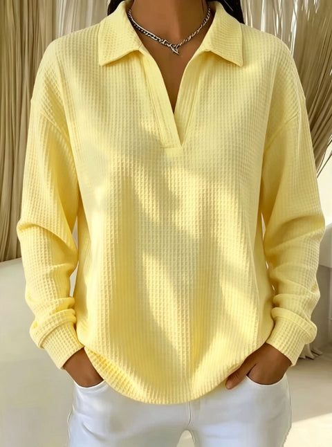 Waffle Lapel Long Sleeve Polo Top m303214