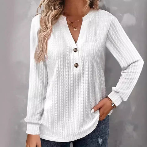 New long-sleeved solid color V-neck button-down T-shirt top m302223
