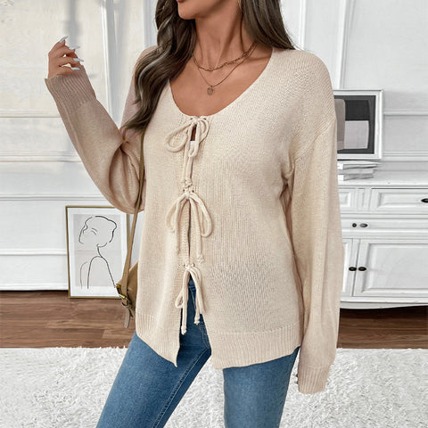 Lässiger, lockerer und vielseitiger Strickpullover mit Schnürung, einfarbiger Pullover m300793 