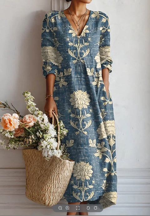 Women's loose V-neck fashion high-end long-sleeved printed collar dress m302766